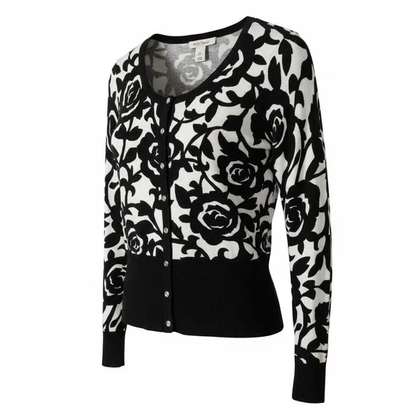 White House Black Market Cardigan Sweater XS Roses Snap Button Fitted Career - Picture 2 of 9